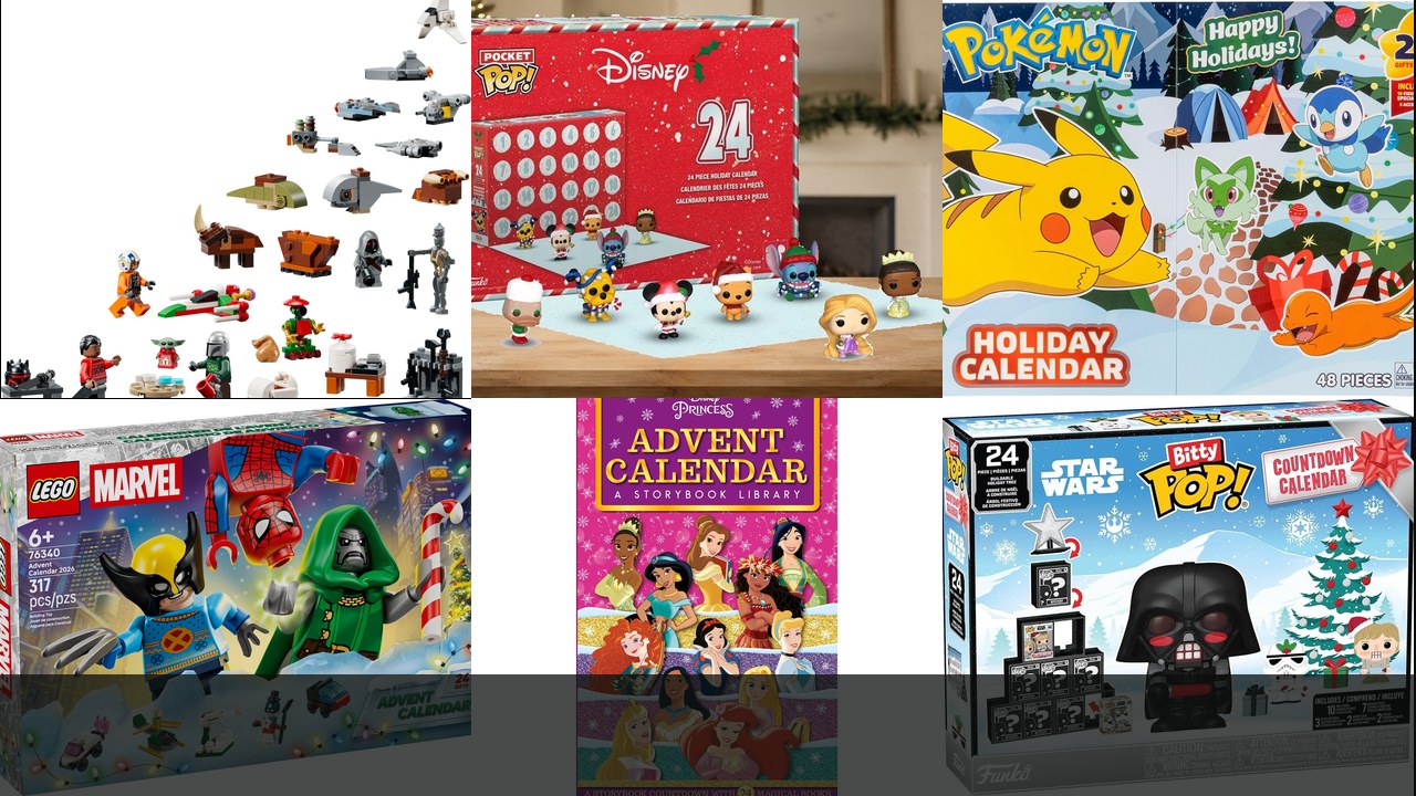 2026 LEGO, Funko, Sam's Club, and Pokémon advent calendar boxes. Product stills from LEGO, Amazon deal coverage, Sam's Club, and Hello Subscription.