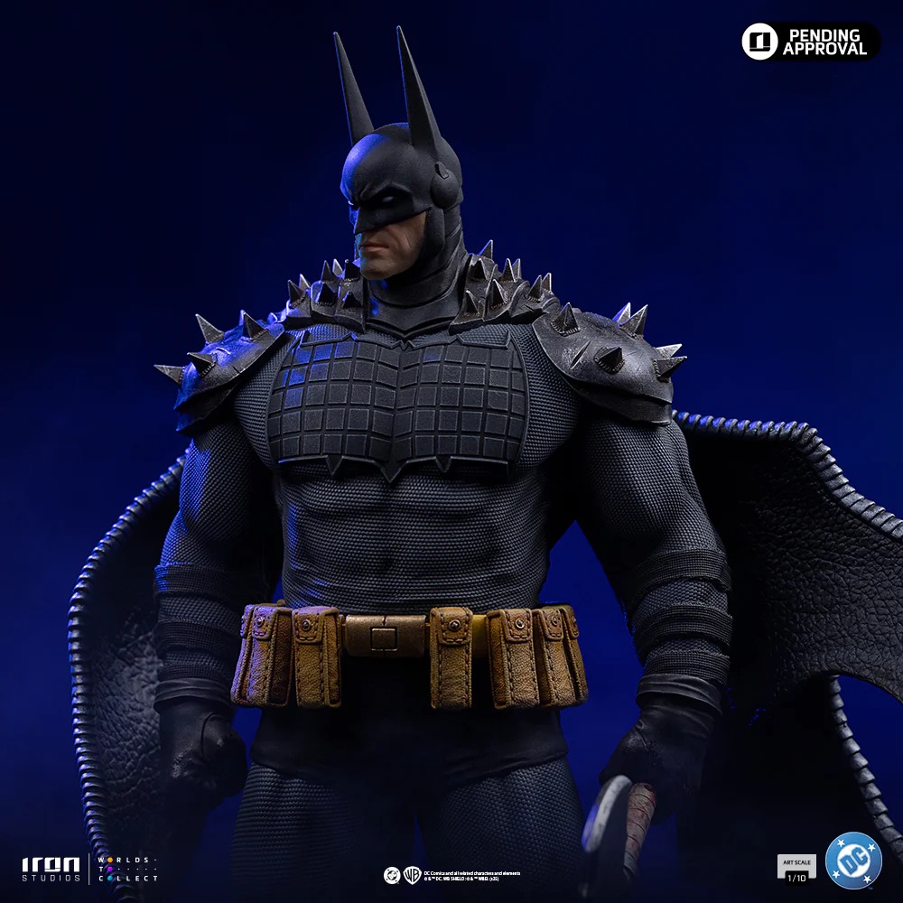 Iron Studios Absolute Batman Art Scale 1/10 promotional close-up with axe, spiked armor, and studio marks. Iron Studios / DC.