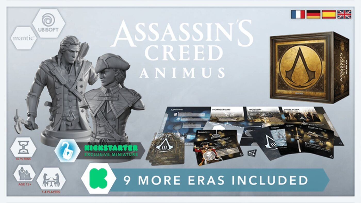 Official Mantic Games / Ubisoft product art for Assassin's Creed Animus: era-spanning assassin miniatures heading toward the October 2026 Kickstarter warehouse fulfillment window.