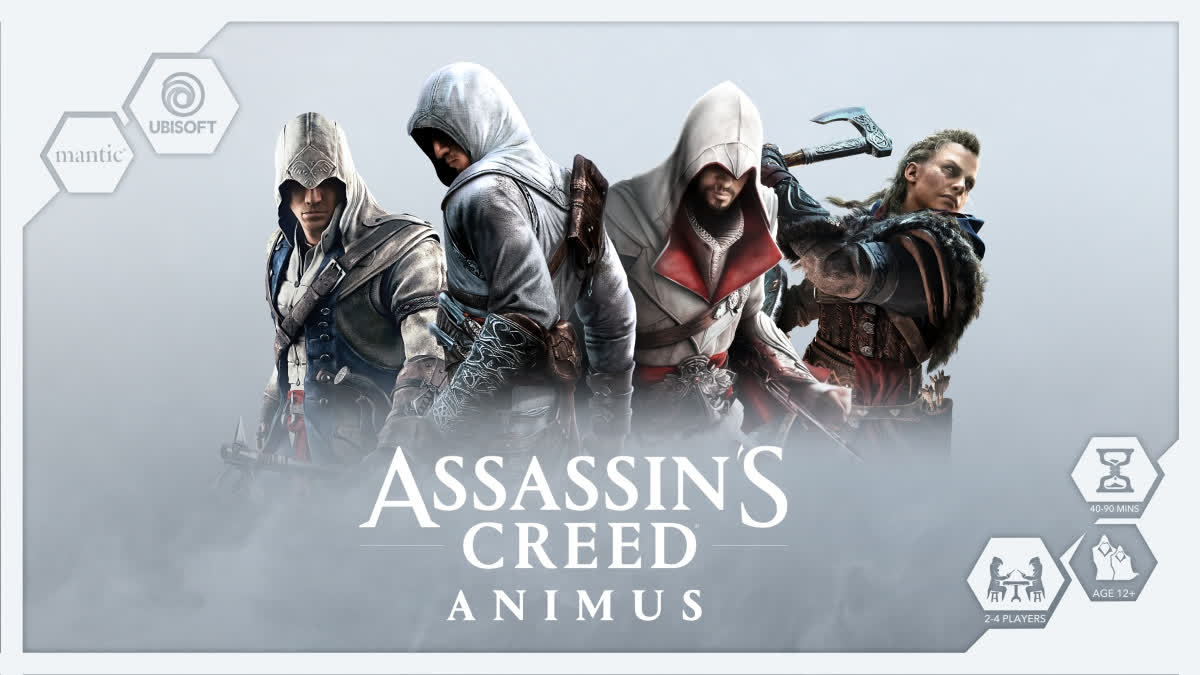 Official promotional art for Assassin's Creed Animus - The Board Game by Mantic Games, the miniatures-forward Kickstarter title aiming at October 2026 fulfillment.