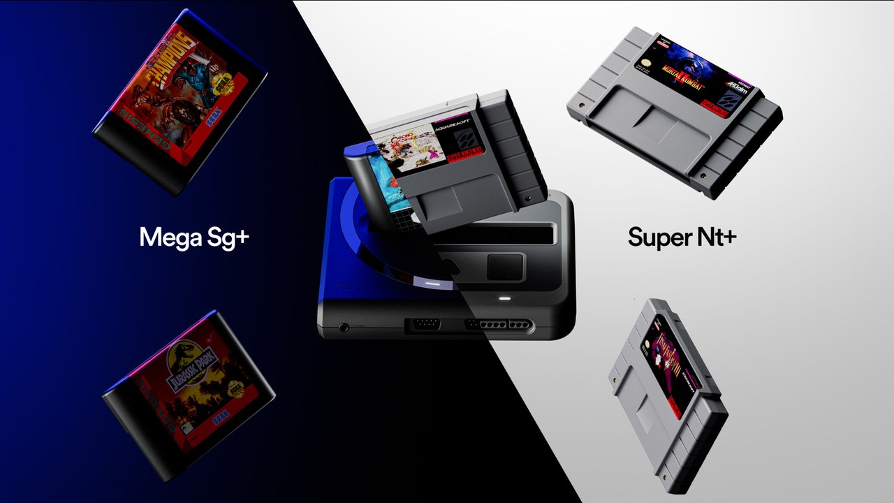 The Mega Sg+ and Super Nt+ with Genesis and Super Nintendo cartridges (Analogue, via Engadget).