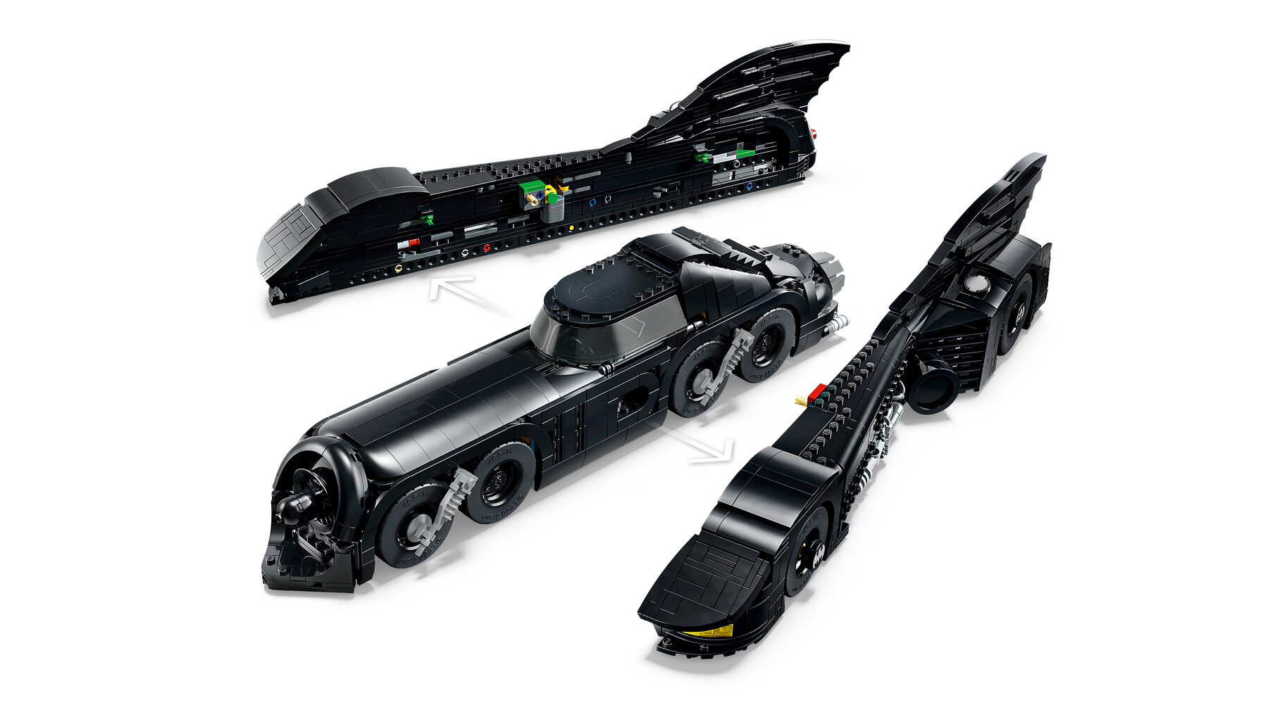 Official LEGO product still of set 76355 Batman Returns Batmobile in Batmissile mode, sides dropped. The LEGO Group.
