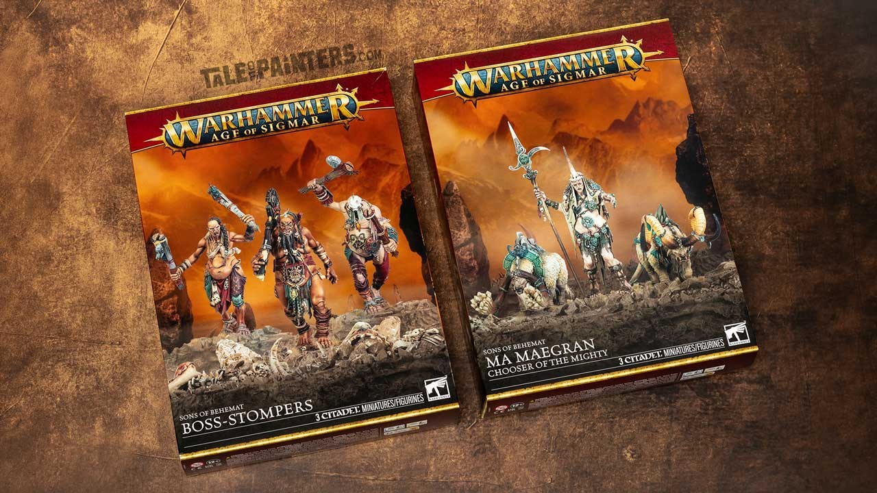 Sons of Behemat Boss-stompers and Ma Maegran boxes. Games Workshop / Tale of Painters still.
