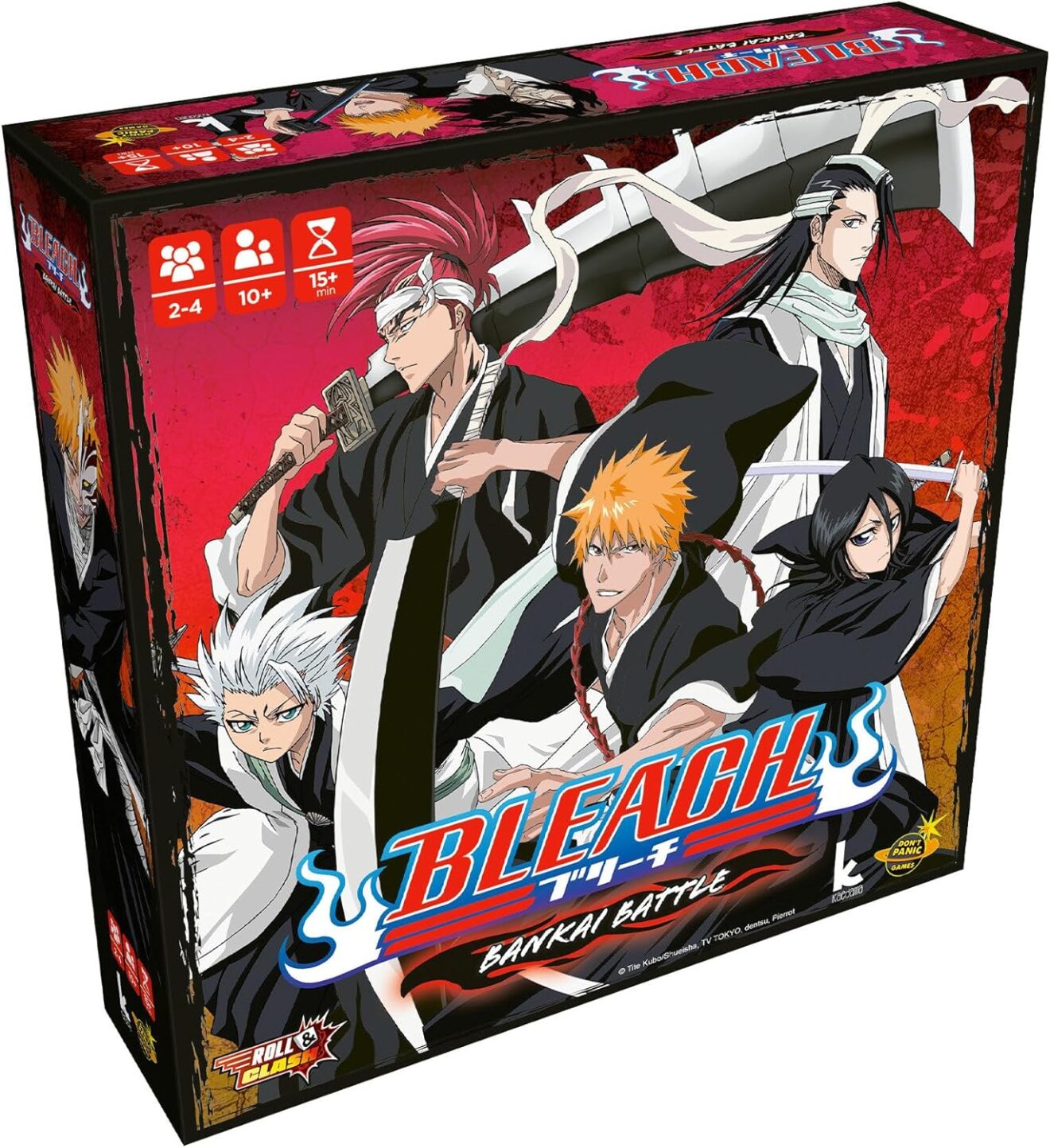Official retail box art for BLEACH - Bankai Battle (Roll and Clash) by Don't Panic Games: Ichigo and company on a $39.99 asymmetrical fighter dated September 22, 2026.