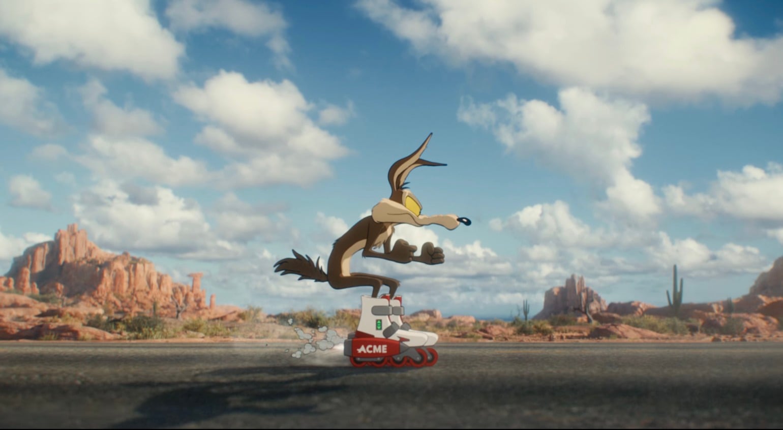 Official still of Wile E. Coyote on ACME roller skates in Coyote vs. Acme. Ketchup Entertainment.