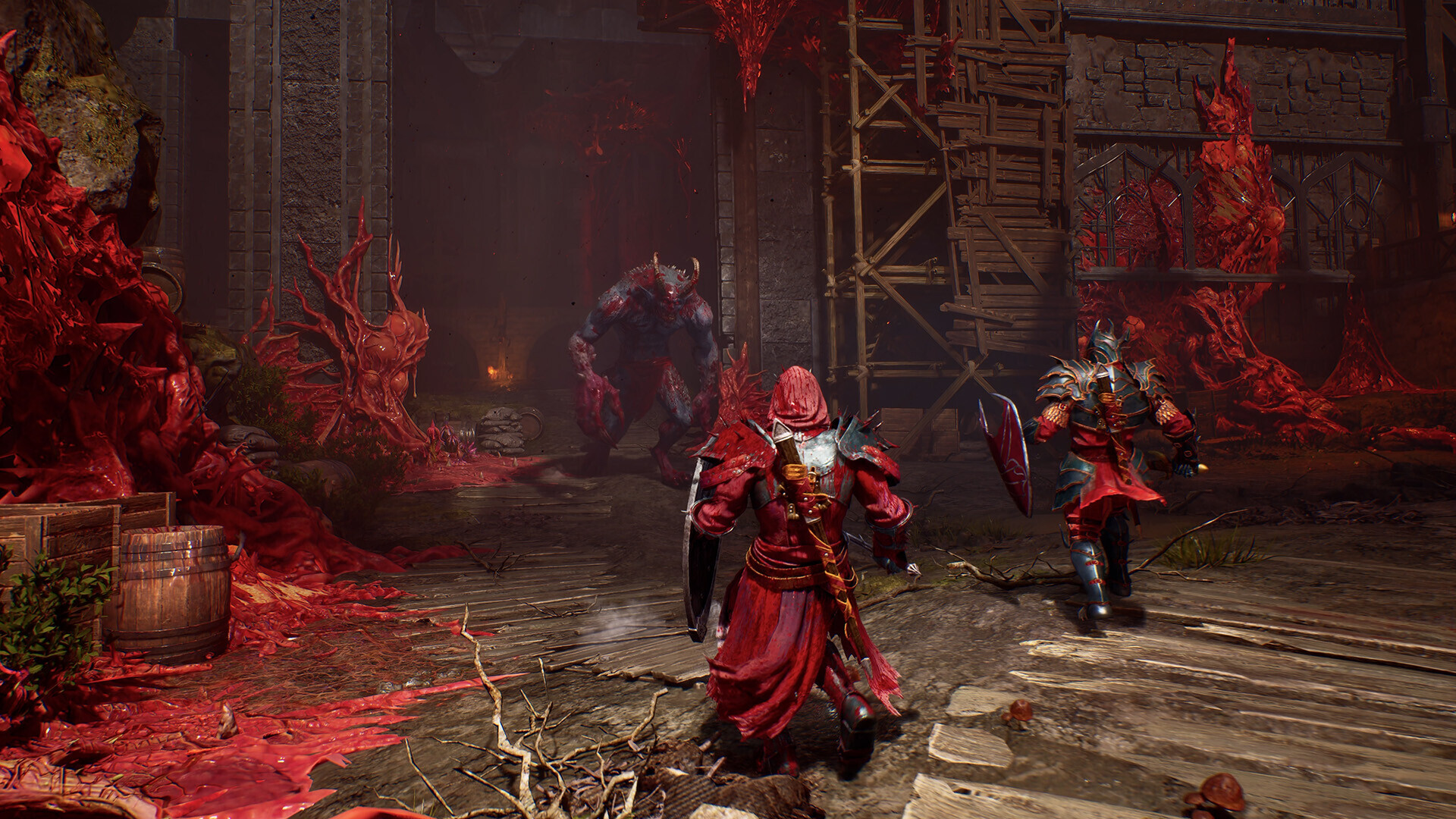 Official Crimson Moon screenshot: two Nephilim in two-player co-op advancing on a horned demon through Hellgrowth-corrupted streets in Gildenarch. ProbablyMonsters, via Steam.
