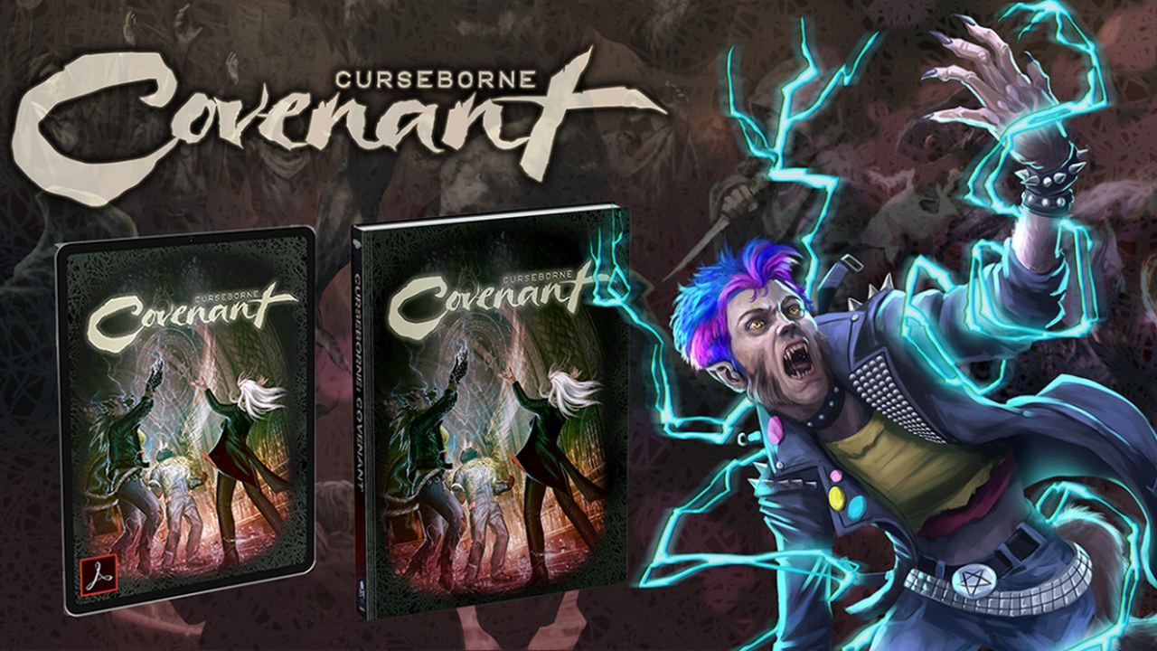 Curseborne Covenant splash art from Onyx Path Publishing. Gaming desk on the Kickstarter open.