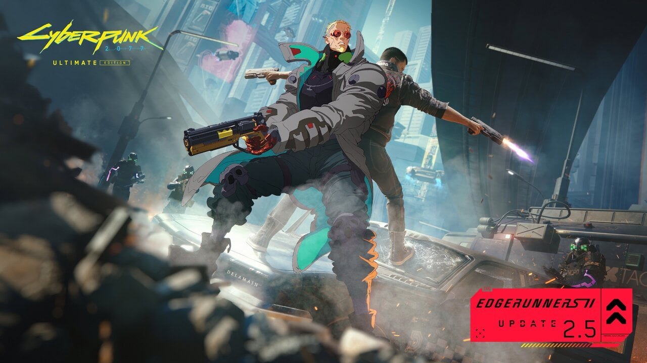 Key art for Cyberpunk 2077 update 2.5, the Edgerunners 2 Update, showing two characters firing pistols side by side (CD Projekt Red, via Push Square).