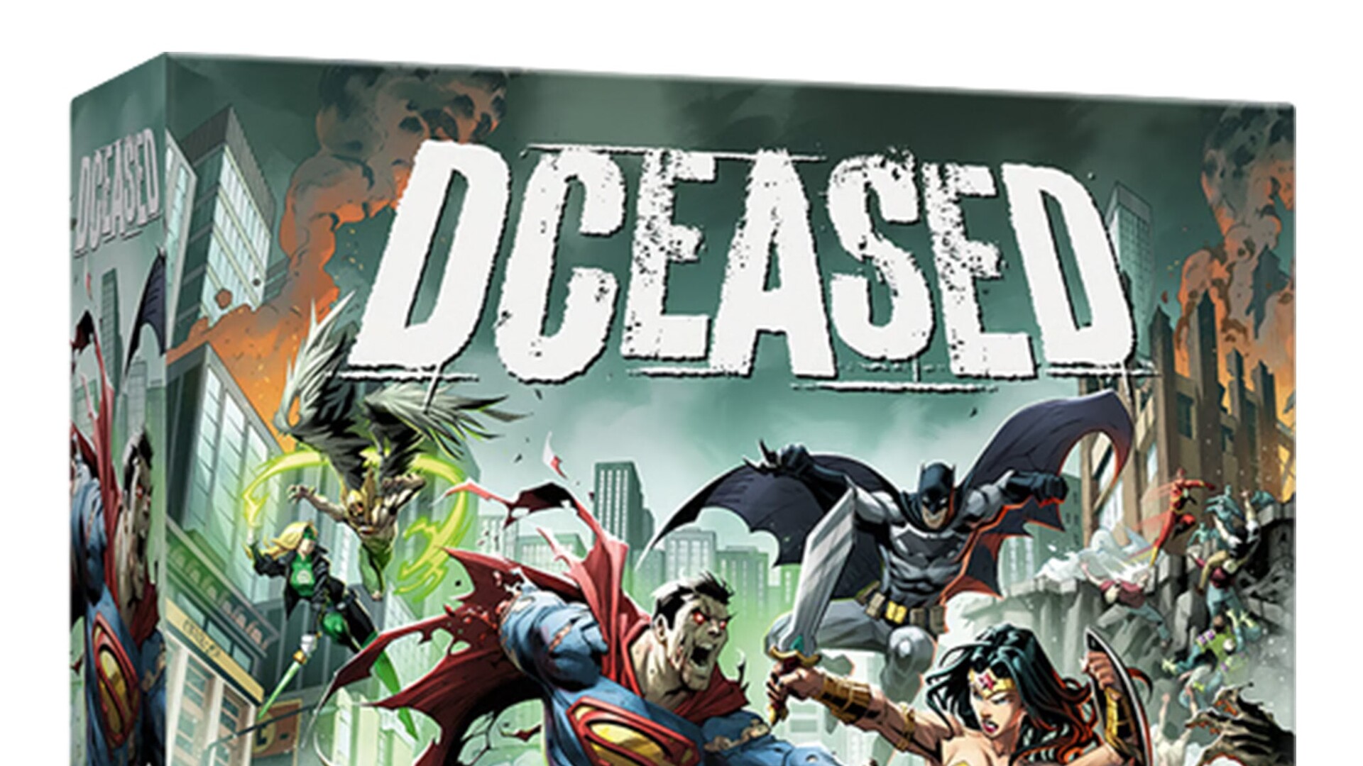 Official DCeased: A Zombicide Game box art: Wonder Woman facing a zombified Superman over a ruined city, with Batman, Cyborg, and the Anti-Living horde. Cover by Roger Cruz. CMON / DC / Asmodee USA.
