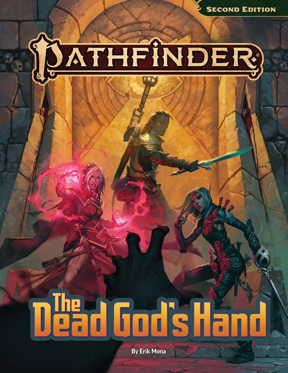 Official Pathfinder Adventure: The Dead God's Hand cover from Paizo's store: the hardcover campaign arc shipping September 2, 2026, Sanctum of Aroden branding intact.