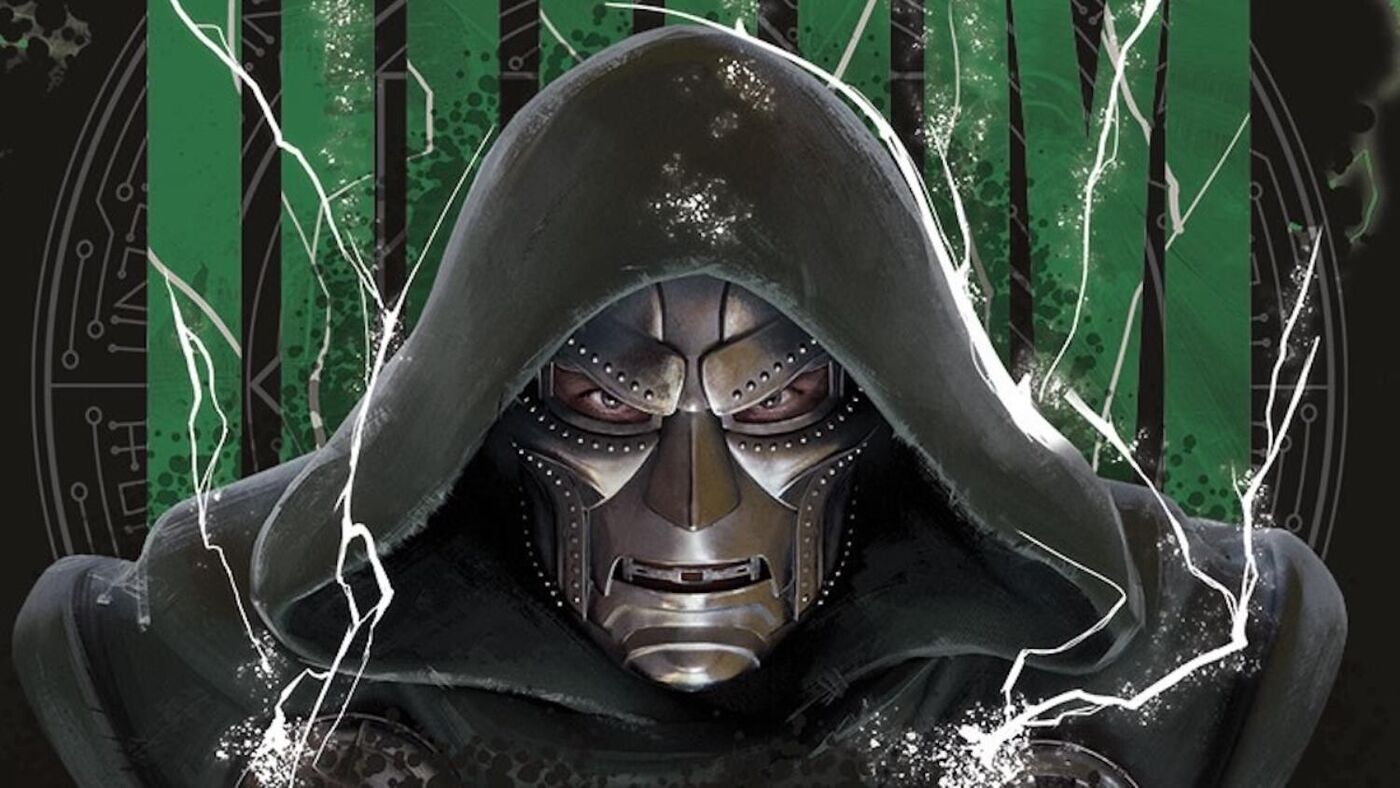 Avengers: Doomsday promo energy for Robert Downey Jr.'s Doctor Doom: rune lit armor grammar and Sentinel silhouettes selling a magic plus tech villain ahead of the December 18, 2026 release.