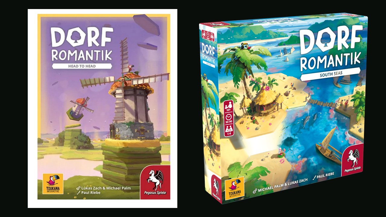 The Dorfromantik: Head to Head and Dorfromantik: South Seas boxes (Pegasus Spiele and Toukana, via ICv2 and Pegasus Spiele).