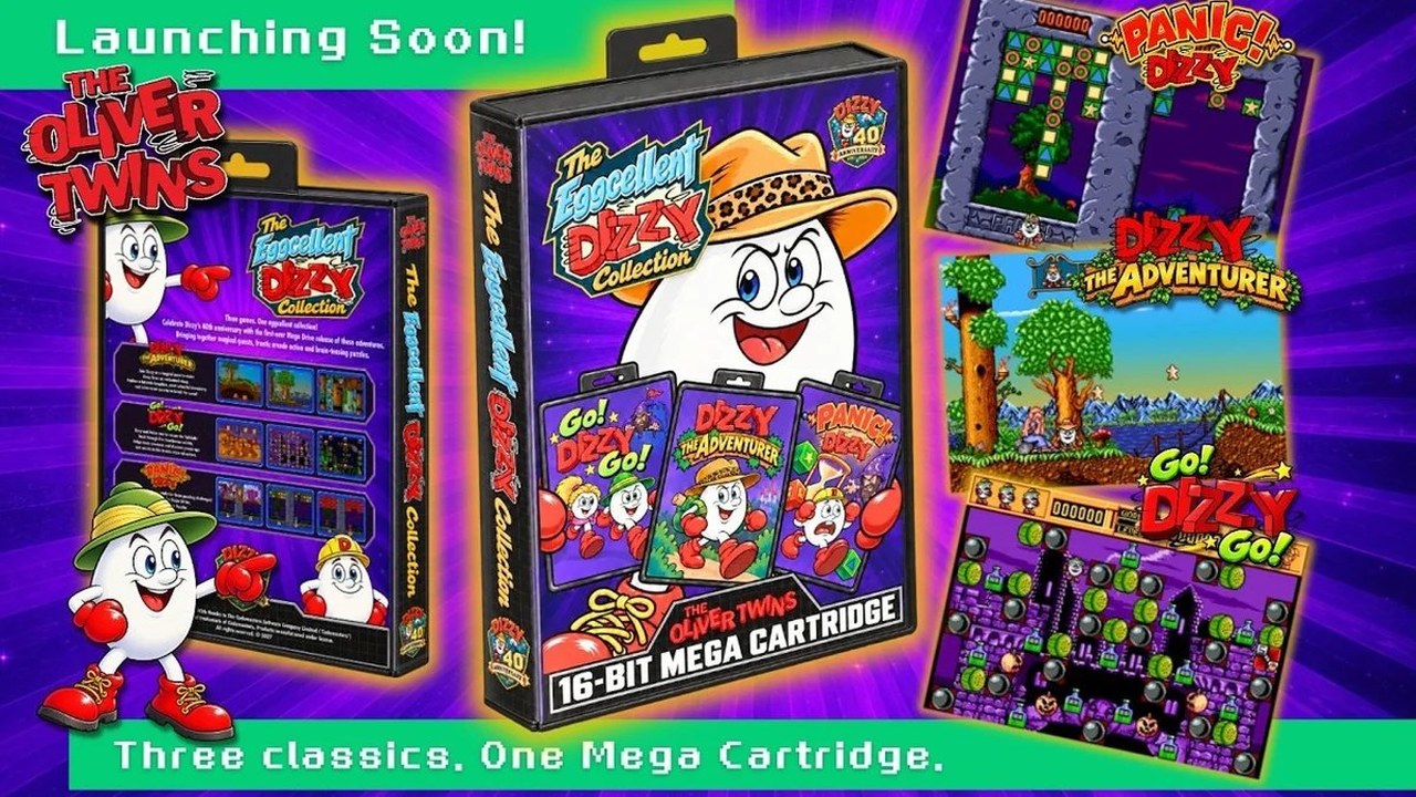 The Eggcellent Dizzy Collection box and 16-bit Mega Cartridge, with screens from all three games (The Oliver Twins, via Gamebeacon).