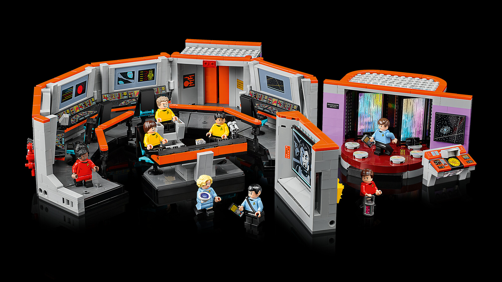 Official LEGO product image for 11385 Star Trek: U.S.S. Enterprise NCC-1701 Bridge. Bridge and transporter room with crew minifigures on black.