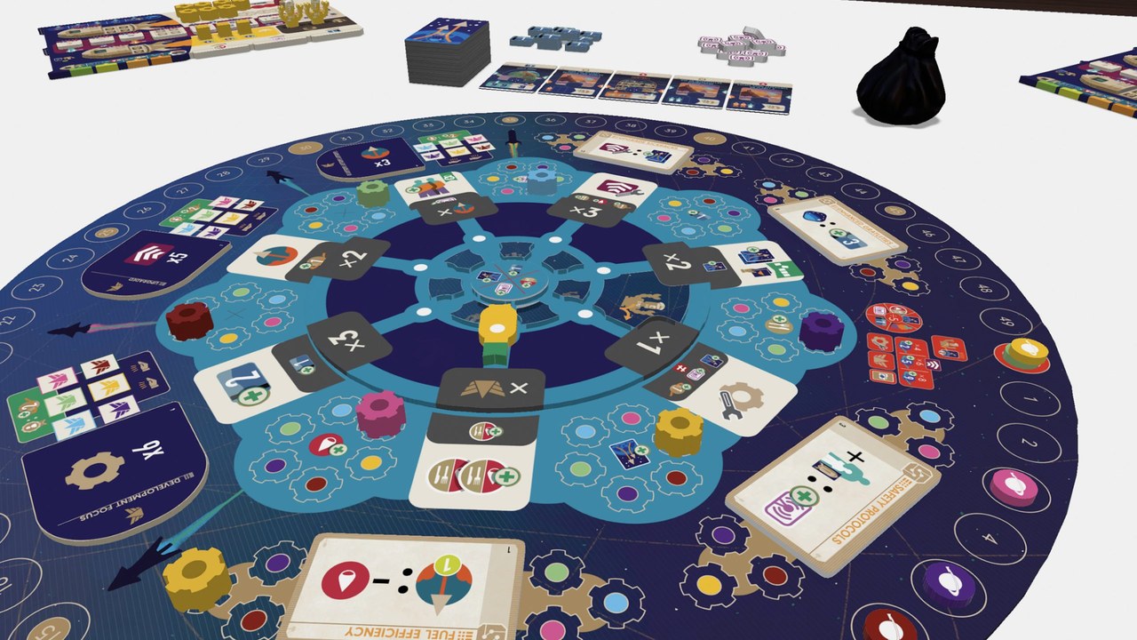 The Preston Space Station board from Excursions: A Galactic Cruise Game, art by Ian O'Toole (Kinson Key Games, via excursionsgame.com).