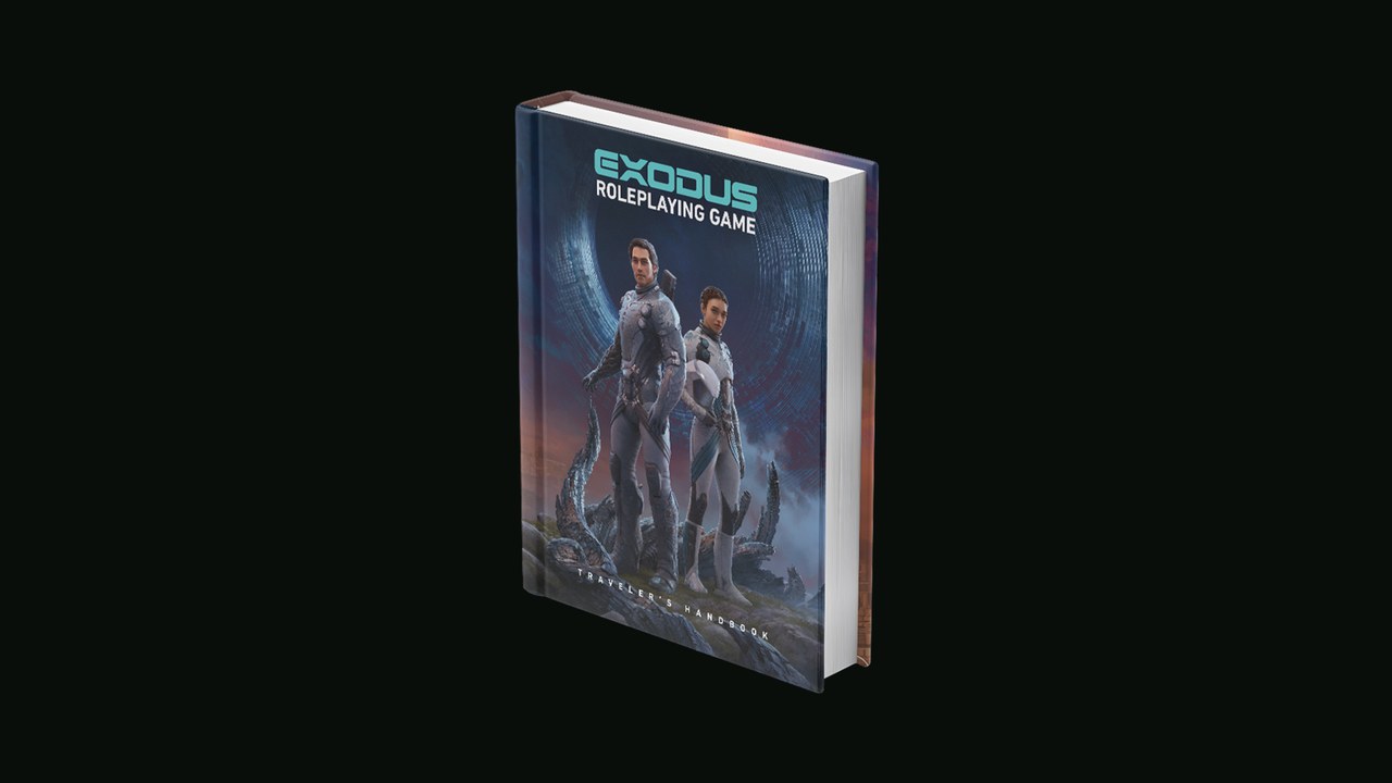 EXODUS Traveler's Handbook 3D product render (Renegade Game Studios). Tabletop launch ahead of the video game.