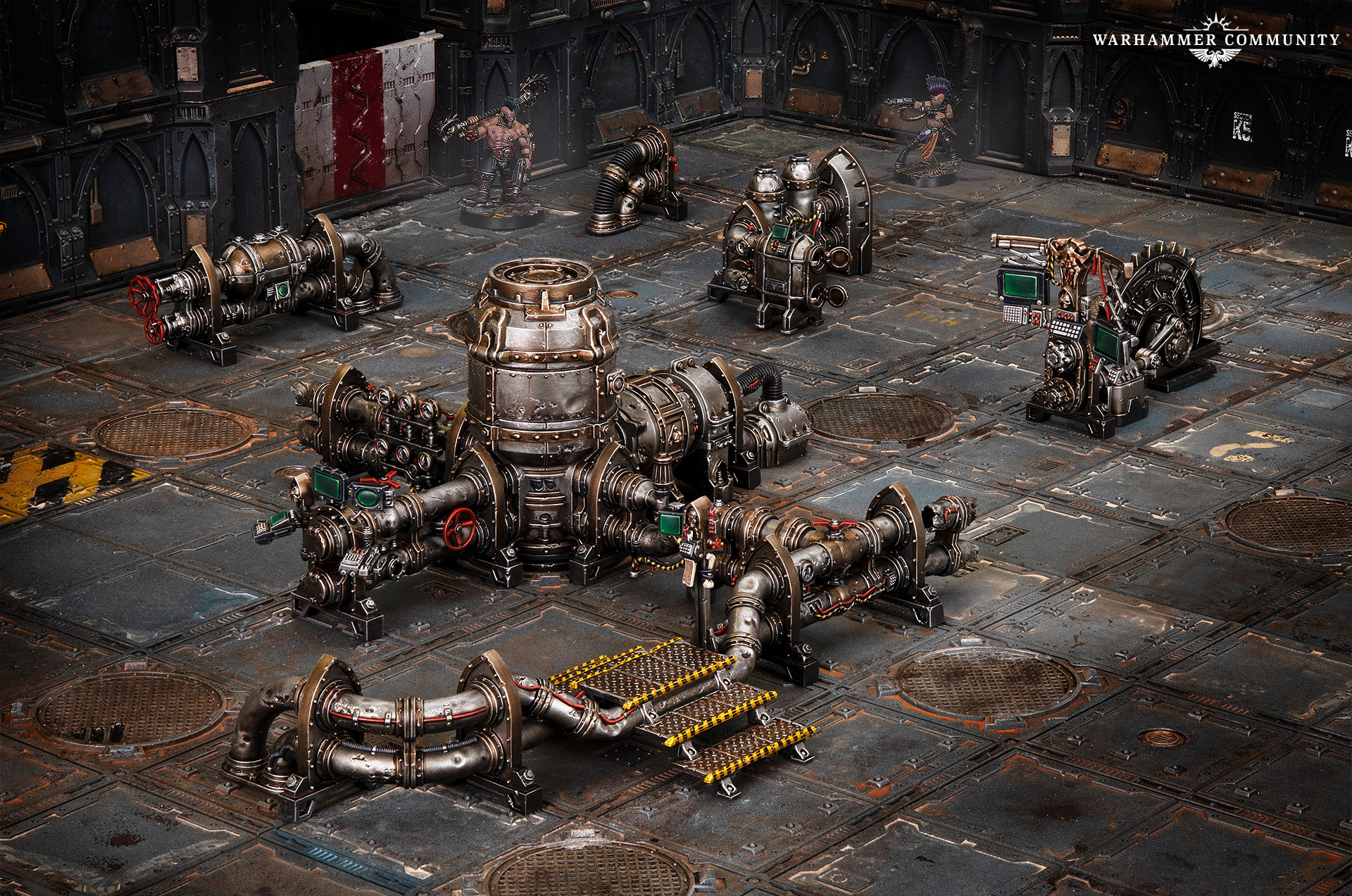 Official Warhammer Community still of Zone Mortalis Factoria Pipes terrain for Necromunda: modular industrial pipe networks built for Zone Mortalis boards, featured in the September 4, 2026 hobby guide.