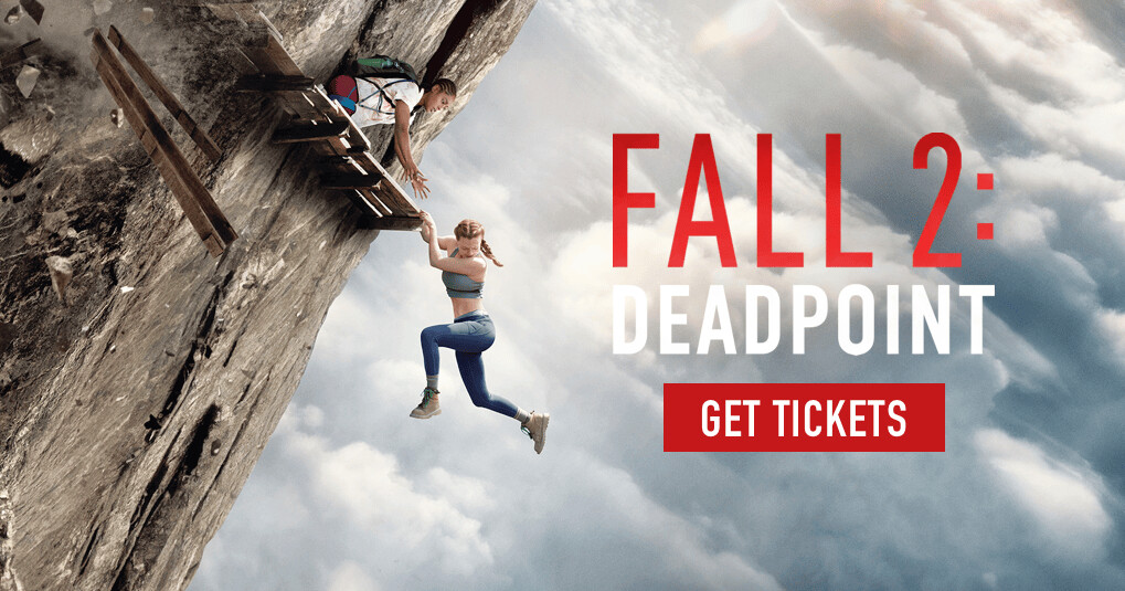Official Lionsgate key art for Fall 2: Deadpoint: climbers stranded on a collapsing plank walk above the clouds. Lionsgate / fall.movie.