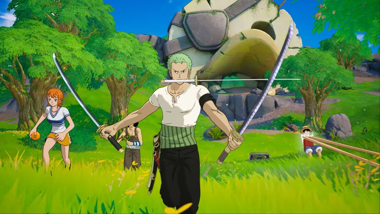 Zoro and Nami on the Treasure Hunters island in the Fortnite x One Piece reveal trailer (Epic Games, via Polygon).