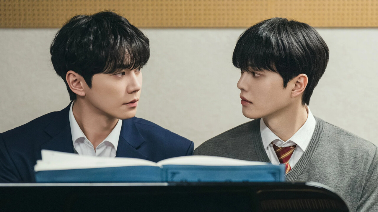Official tvN still of Lee Jun Young, left, and Song Kang at one piano in Four Hands, Two Sonatas. tvN, via What's-On-Netflix.