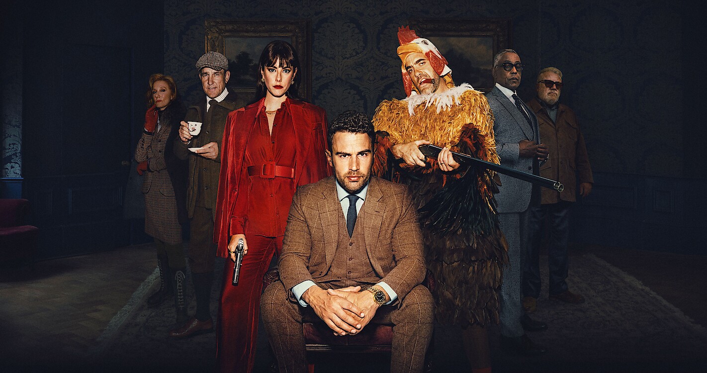 Official Netflix ensemble key art still for The Gentlemen, featuring Theo James, Kaya Scodelario, and the Halstead crime-toy board. Courtesy Netflix.