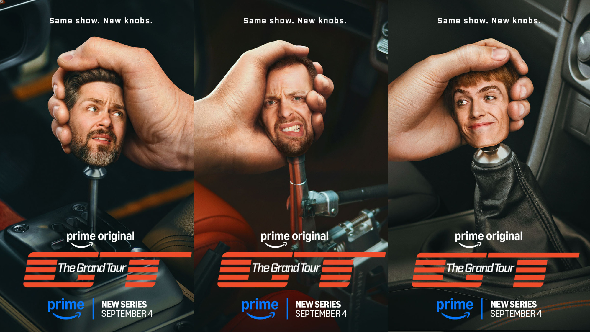 Official Prime Video still of The Grand Tour's new presenting trio for the September 4, 2026 return. Courtesy of Prime Video / About Amazon.
