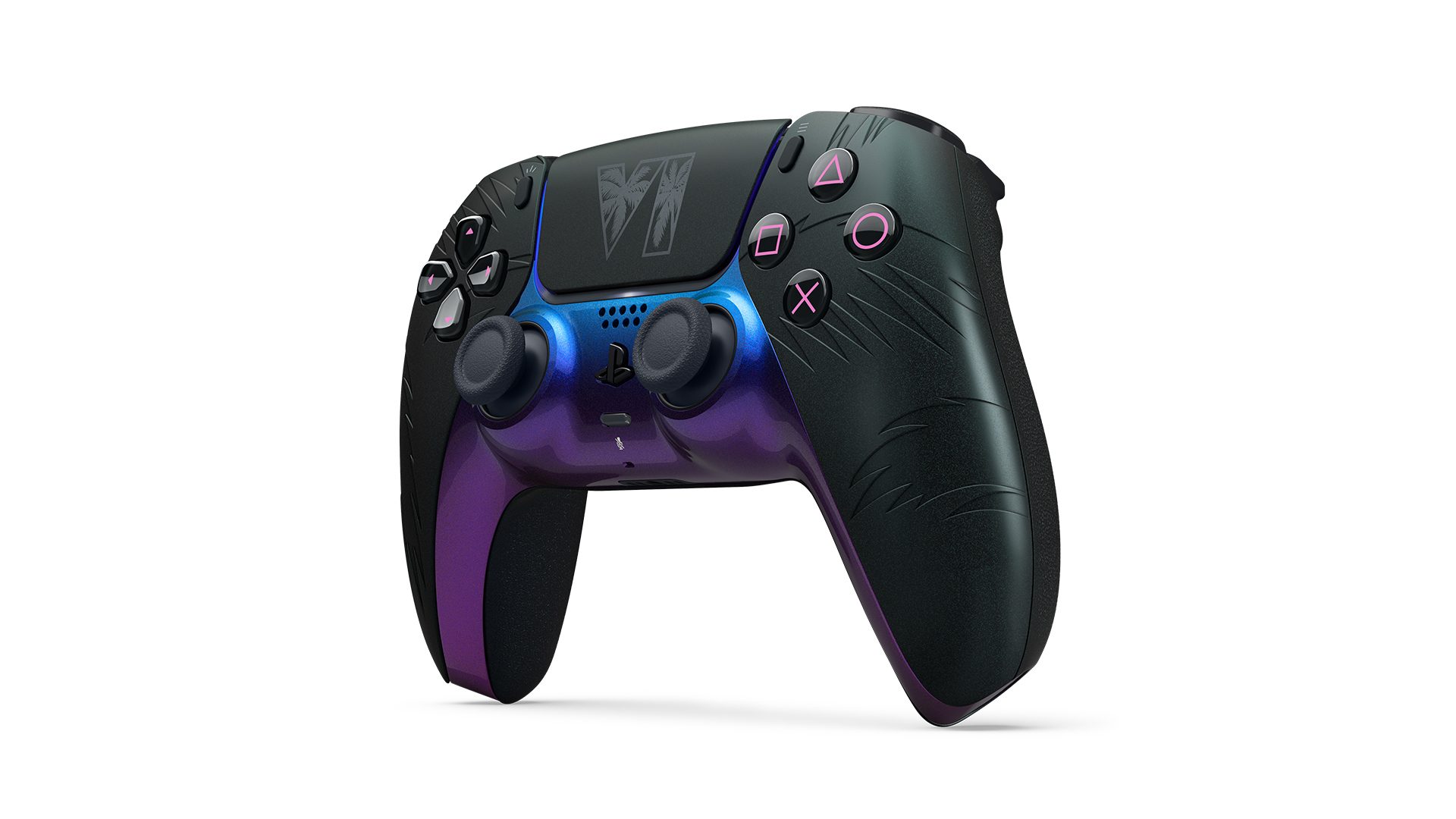 Official product still of the Grand Theft Auto VI DualSense Black Limited Edition from PlayStation Blog, September 2026. Preorder till desk.