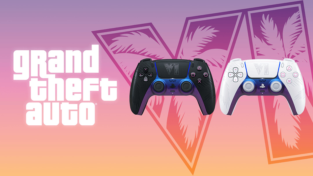 Official PlayStation Blog product art for the Grand Theft Auto VI Black and White Limited Edition DualSense wireless controllers. Courtesy of Sony Interactive Entertainment.
