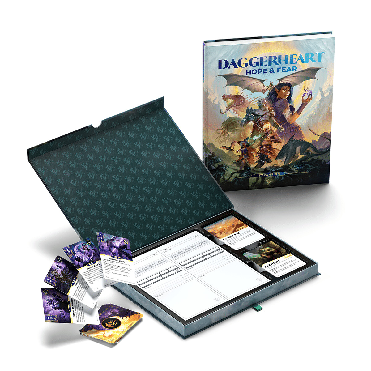 Official Darrington Press product photography for Daggerheart: Hope & Fear: standard expansion book, card box, and Dread-domain cards ahead of the September 22, 2026 wide release.