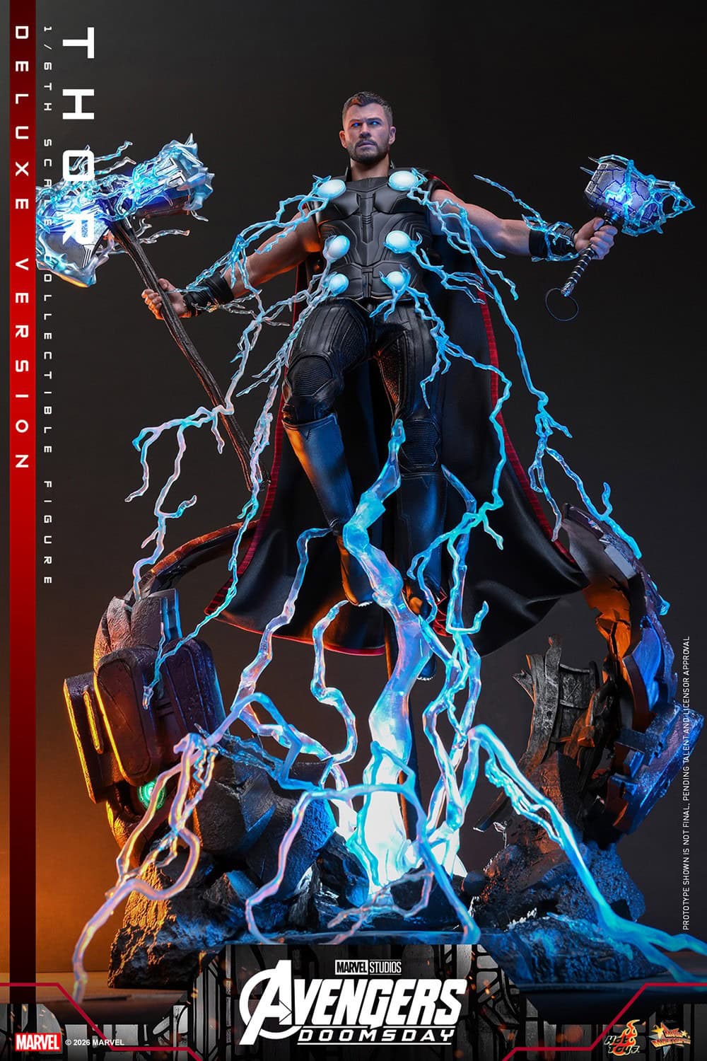 Official Hot Toys promotional still of the Avengers: Doomsday Thor sixth-scale figure with dual weapons and lightning effects. Hot Toys / Sideshow.