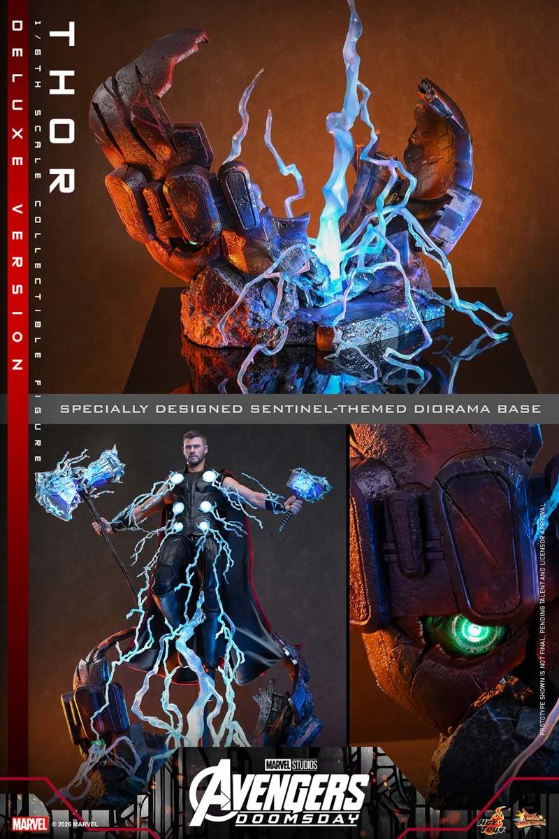 Official Hot Toys promotional still highlighting the Thor Deluxe Version Sentinel-themed diorama base with LED and lightning surge. Hot Toys / specialty retail.