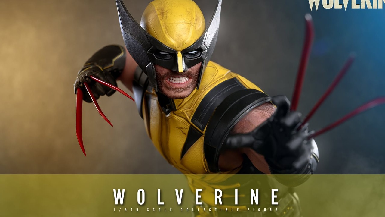 Hot Toys Insomniac Wolverine figure product still (Hot Toys). Day-nine shelf argument beside the PS5 game.