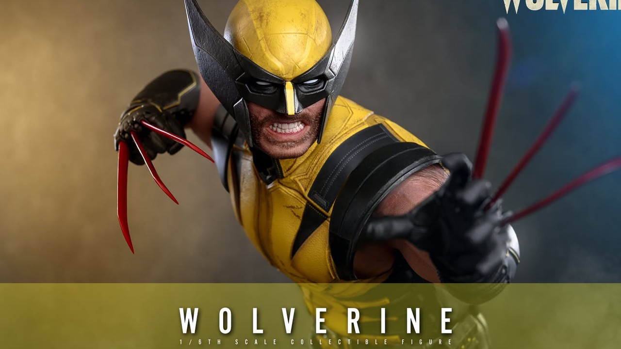 Hot Toys Insomniac Wolverine figure still (Hot Toys / Sideshow). Day-eight shelf argument beside the PS5 game.