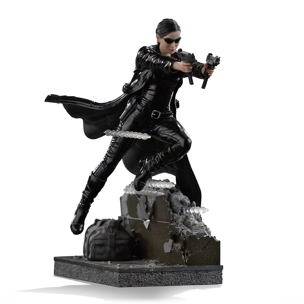 Official Iron Studios painted still of the Matrix Trinity Art Scale 1:10 statue with lobby base and bullet-time ripples. Iron Studios / Sideshow.