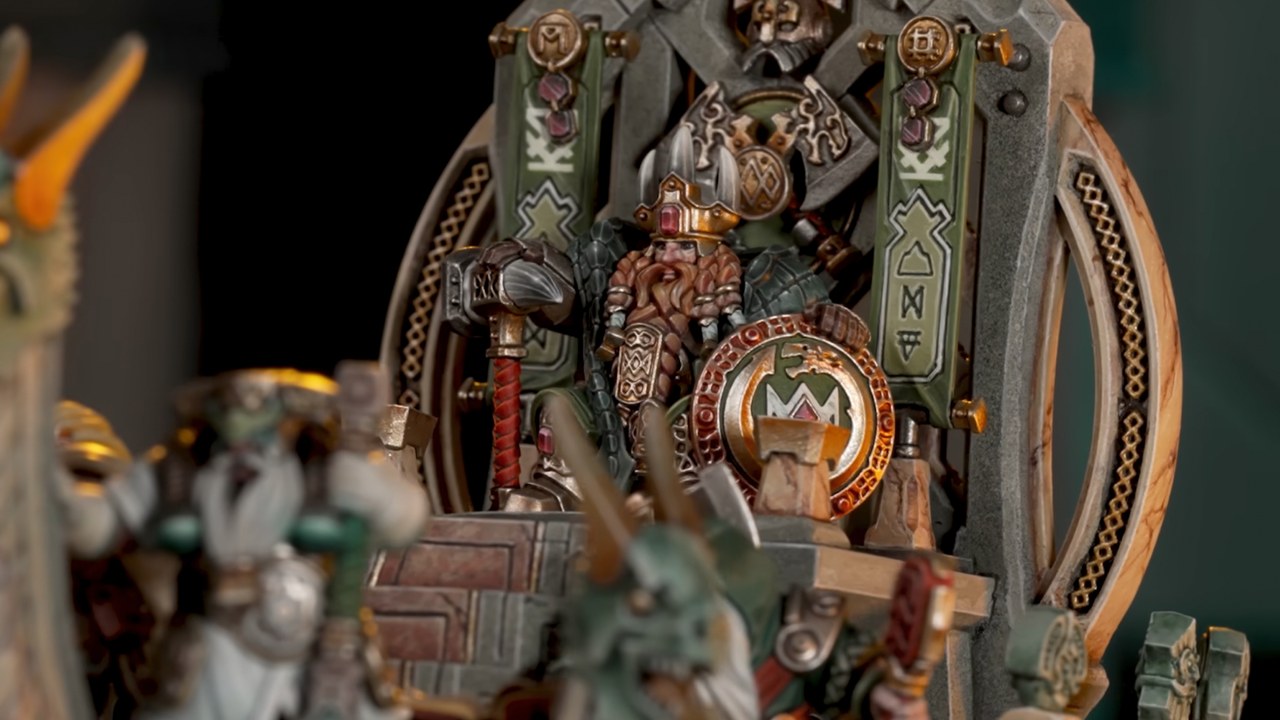 High Kyng Valankrom on his War Throne from the Khazalite Holds range (Games Workshop).