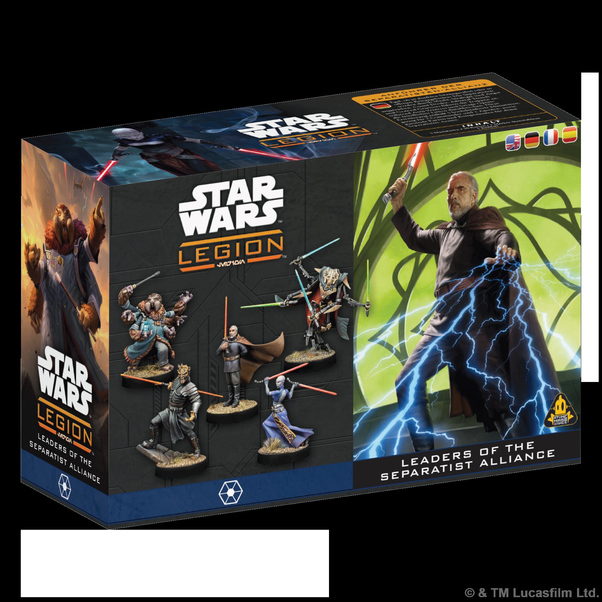 Official Asmodee / Atomic Mass Games product art for Star Wars: Legion Leaders of the Separatist Alliance: five villain miniatures in the September 11 command carton.