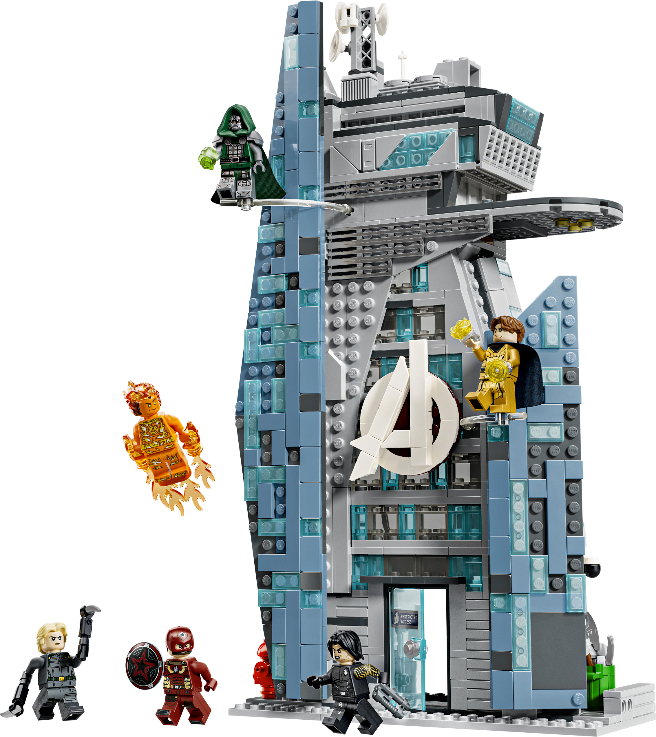 Official LEGO product still of set 76352 Avengers: Doomsday New Avengers Tower with minifigures and four-floor headquarters. The LEGO Group.