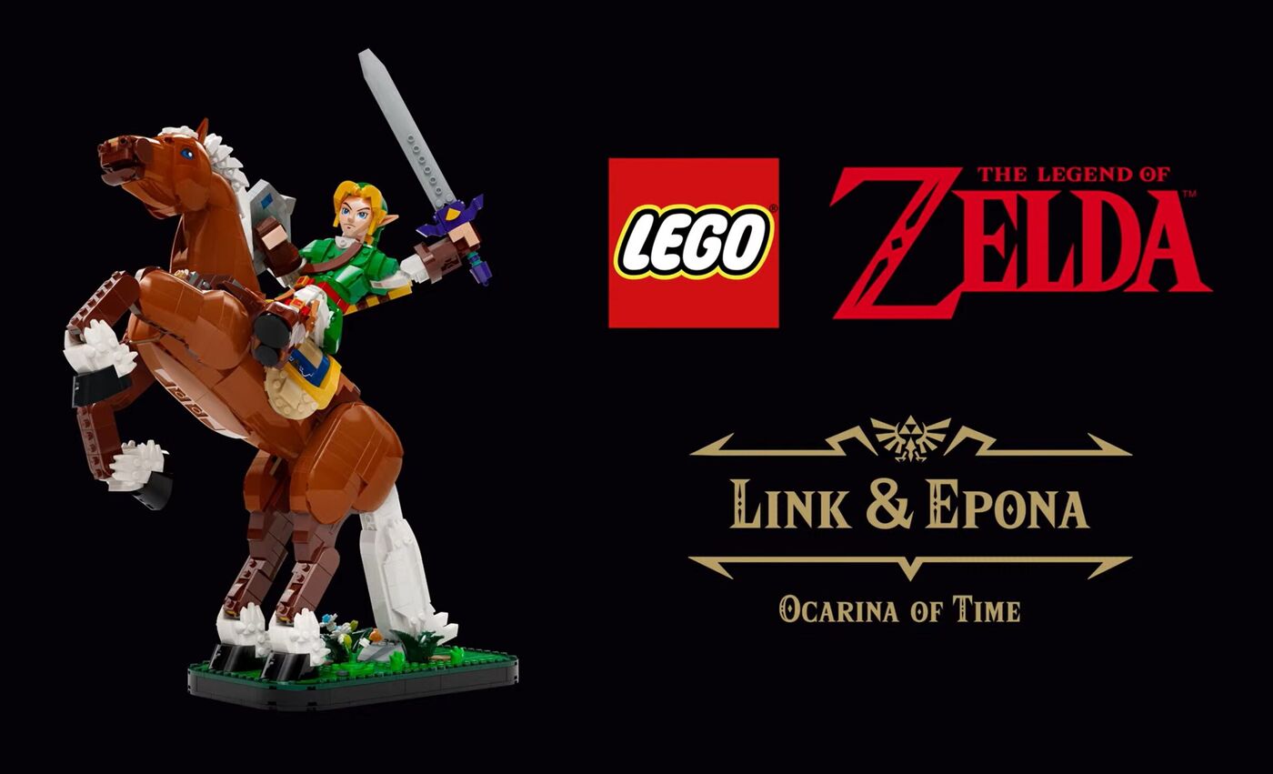 Official LEGO The Legend of Zelda Link & Epona set 77094 product still of Adult Link on rearing Epona with Master Sword. The LEGO Group / Nintendo.