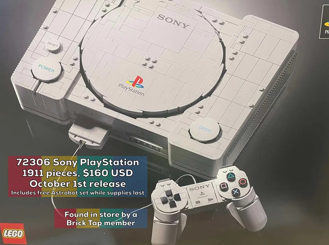 In-store leak photo of LEGO 72306 Sony PlayStation via Brick Tap News. Console, controller, memory card, Ape Escape and Gran Turismo dioramas on the carton.