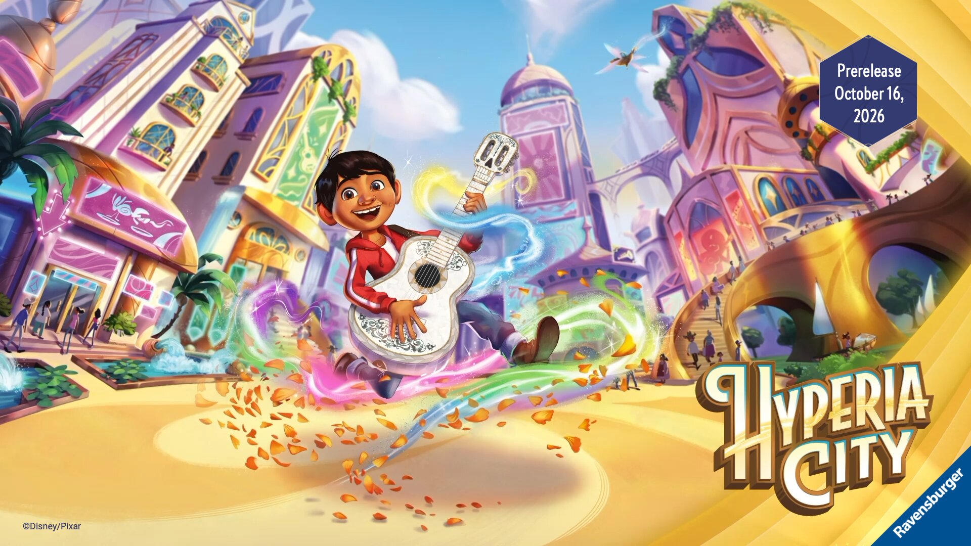 Official Disney Lorcana Hyperia City key art with Miguel and Prerelease October 16, 2026 badge. Ravensburger / Disney Parks Blog D23.