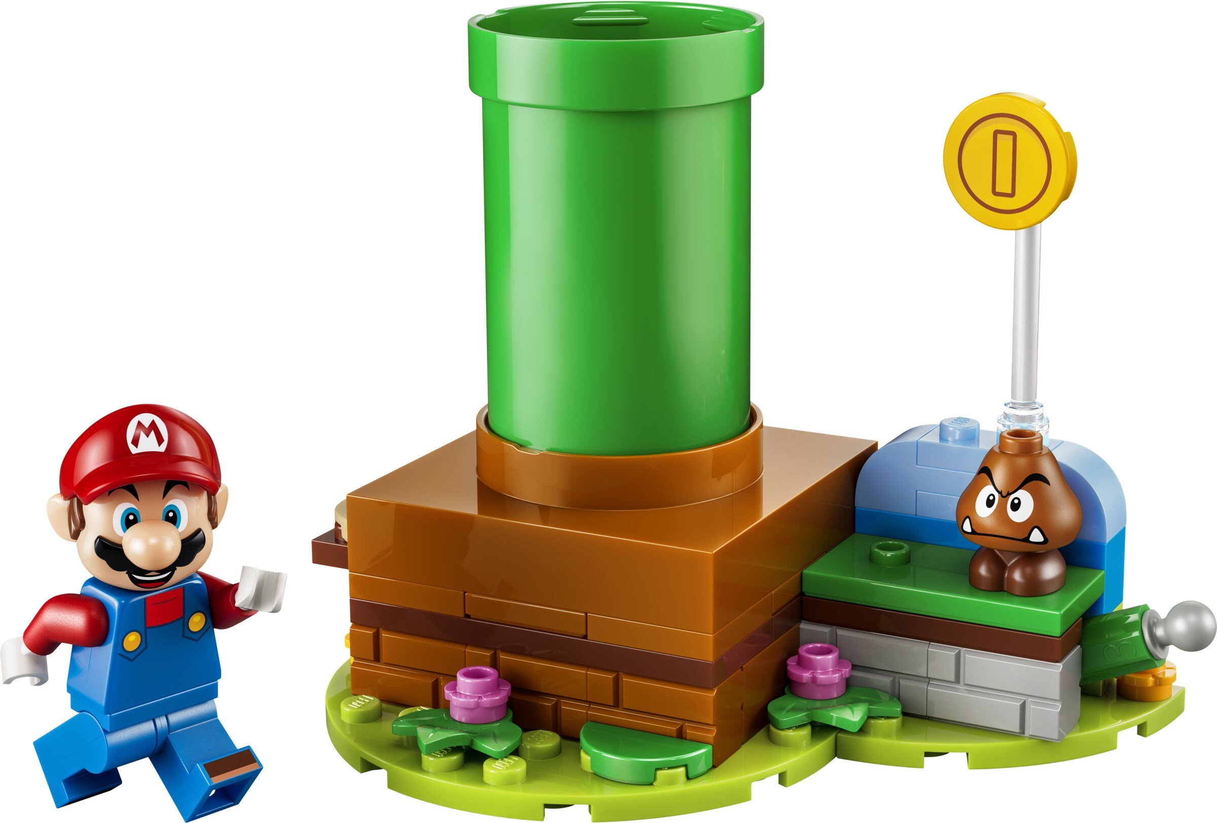 Official LEGO still of the new Super Mario minifigure from Mario's Pipe Jump (72052). The LEGO Group.