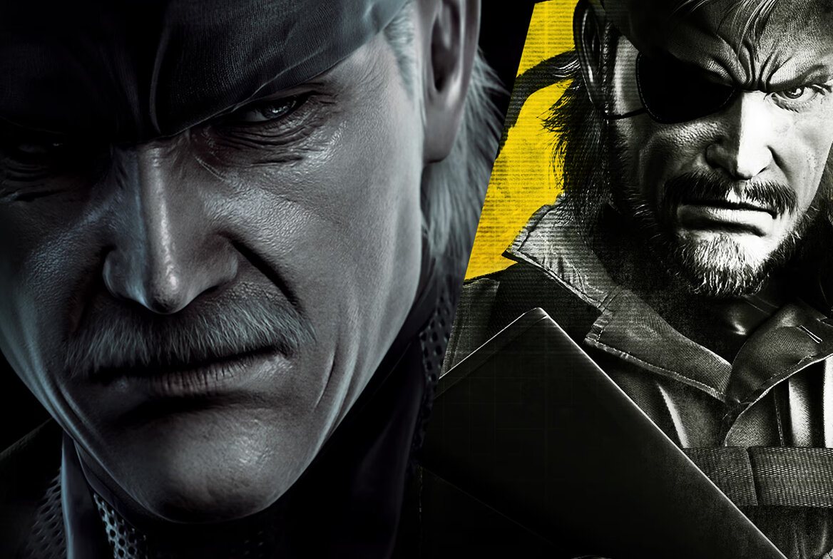 Official key art for Metal Gear Solid: Master Collection Vol. 2, Old Snake beside Peace Walker-era Big Boss. Konami.