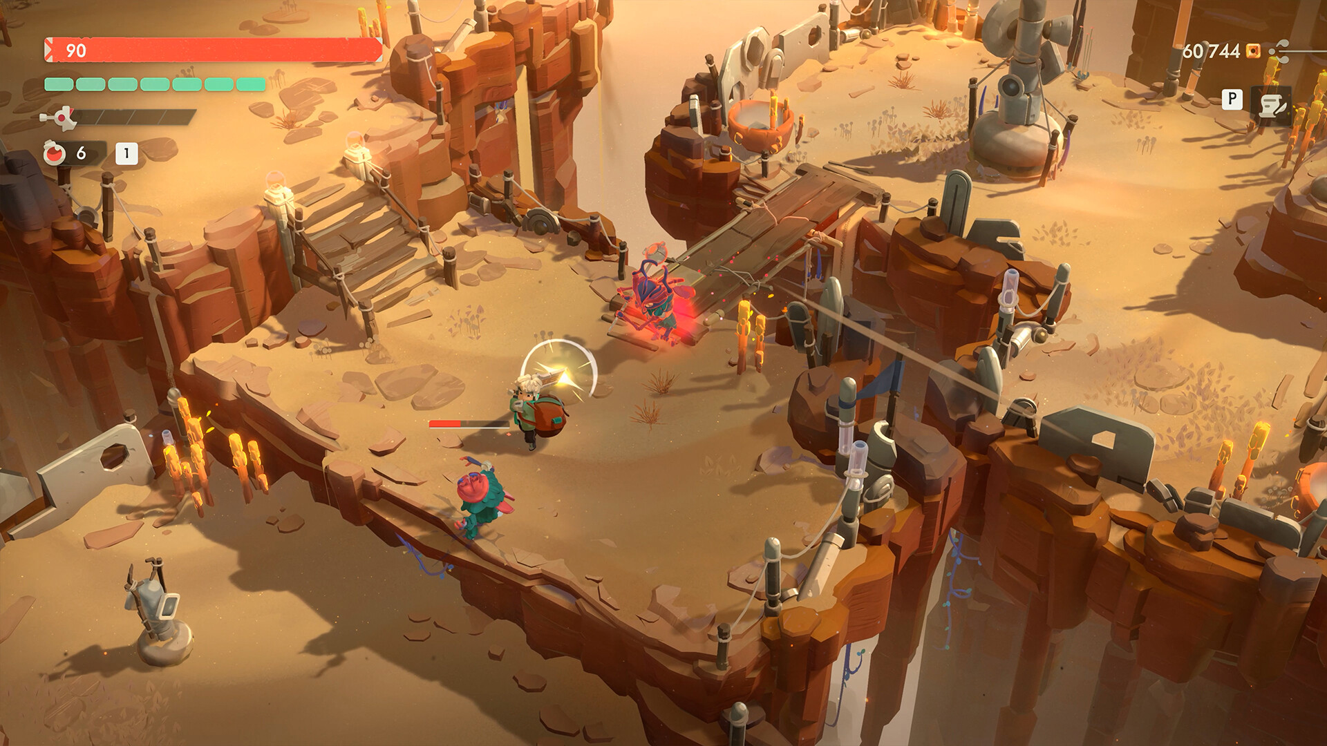 Official Steam screenshot for Moonlighter 2: The Endless Vault by Digital Sun and 11 bit studios. Will fights in a desert vault with the merchant backpack on.