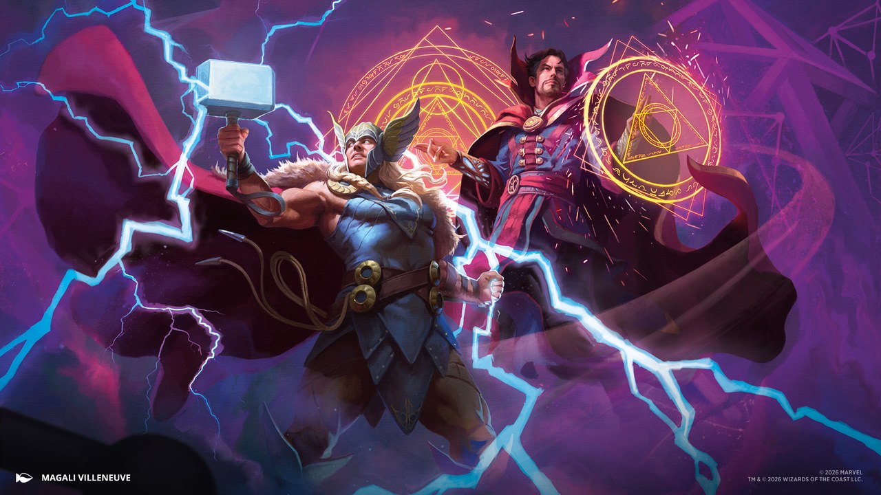 Thor and Doctor Strange in key art for Magic: The Gathering | Marvel: Darkhold Destiny, art by Magali Villeneuve (Wizards of the Coast).