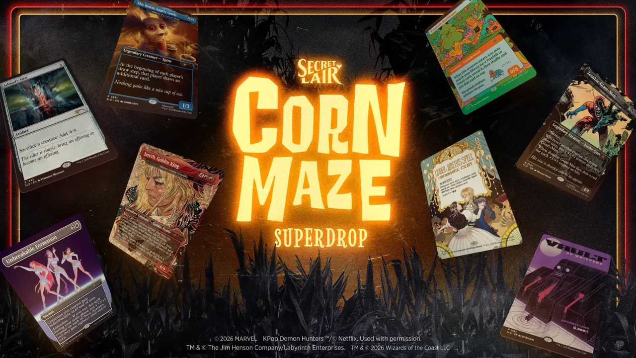 Secret Lair Corn Maze Superdrop hero art (Wizards of the Coast). Card Games desk on the KPop Demon Hunters encore stamp.