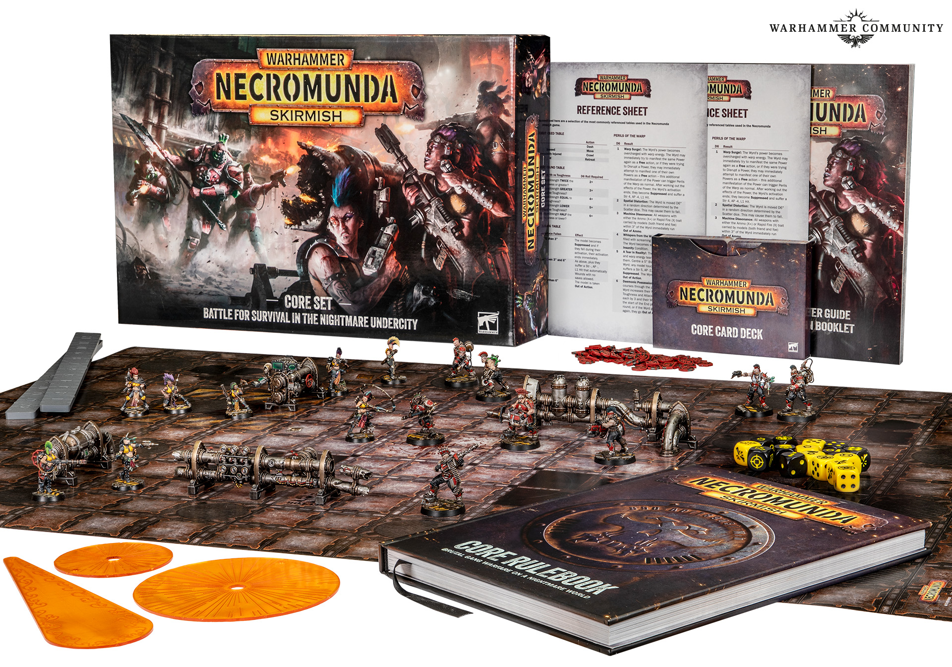 Official Games Workshop / Warhammer Community product still of the Necromunda Skirmish Core Set presentation: the board-mat-and-gangs carton sold as a complete two-player underhive start.