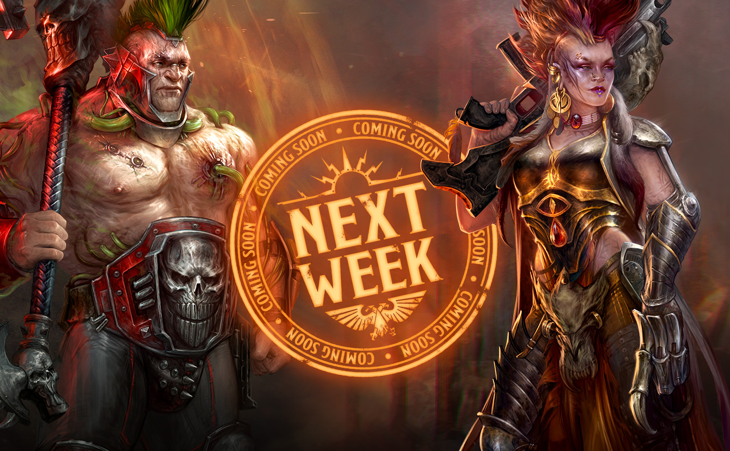 Official Warhammer Community Sunday Preview art for the August 30, 2026 Goliath versus Escher showdown: House reinforcements ahead of the September 5 pre-order.