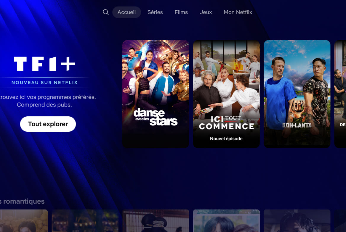 Official Netflix newsroom still of TF1+ live TV inside the Netflix app in France. Netflix.