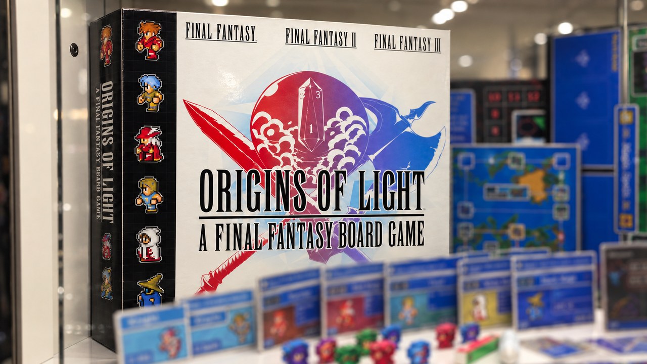 The Origins of Light box with game boards and pixel-art components for Final Fantasy I, II and III (Kess and Square Enix, via God is a Geek).