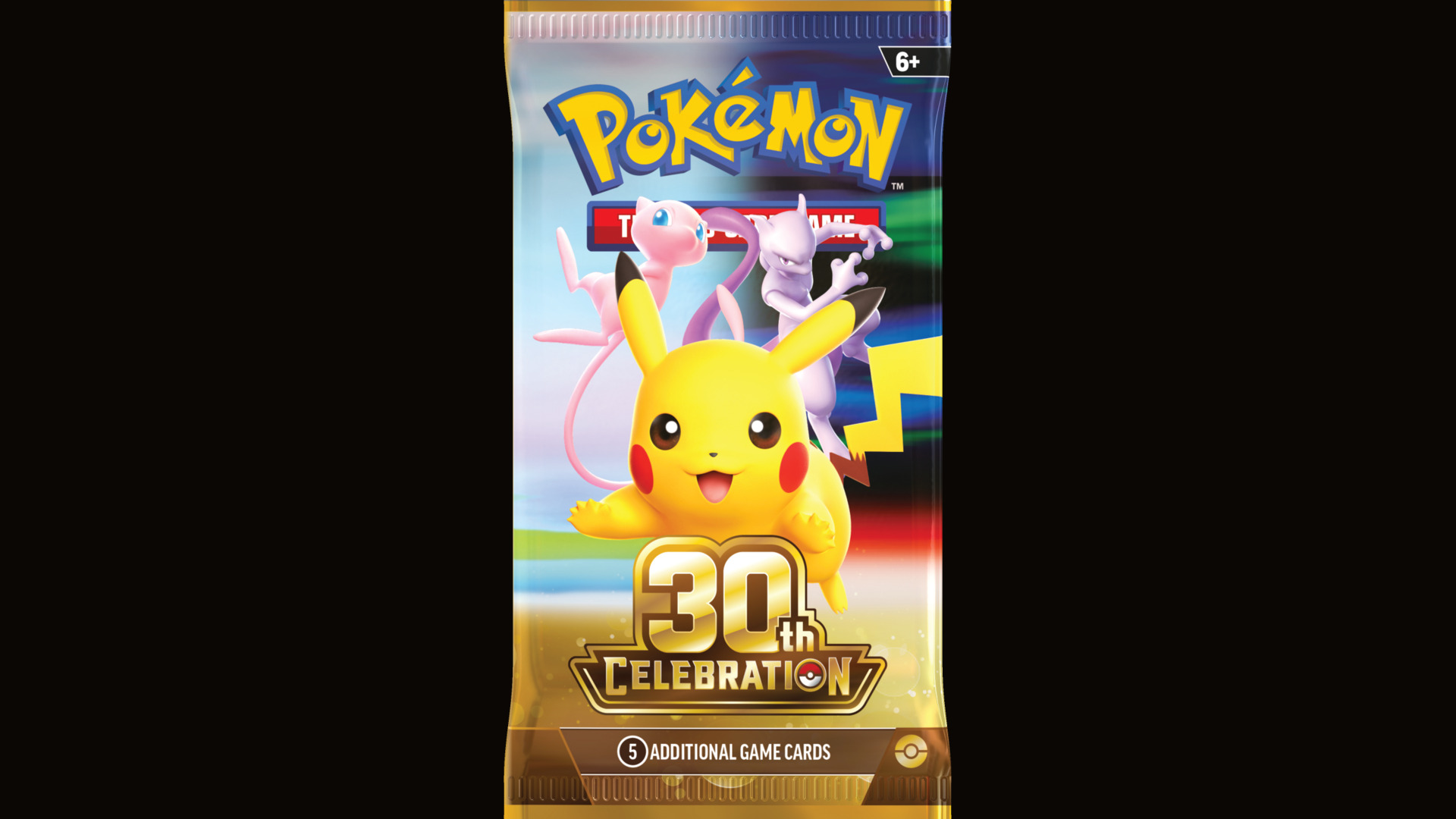 Official Pokemon TCG 30th Celebration booster wrap, Pikachu with Mew and Mewtwo. The Pokemon Company International.
